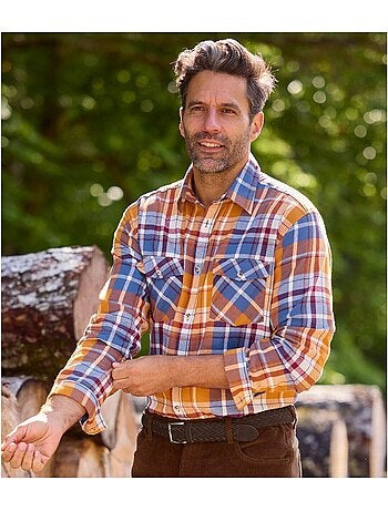 Camisa de franela de cuadros de algodón con cuello de puntas libres