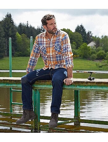 Camisa de franela de cuadros de algodón con cuello de puntas libres