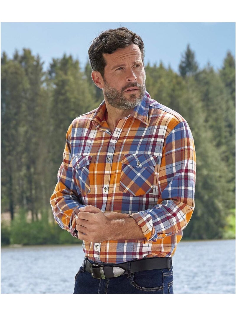 Camisa de franela de cuadros otoñal con cuello de puntas libres Azul Naranja - Kiabi