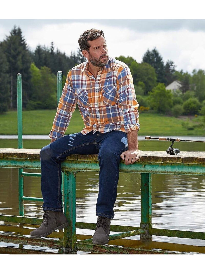 Camisa de franela de cuadros otoñal con cuello de puntas libres Azul Naranja - Kiabi