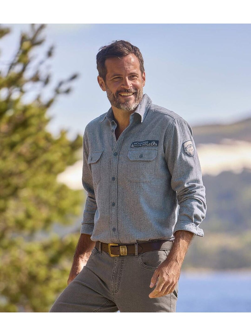 Camisa de franela de espiguilla con cuello de puntas libres estilo piloto Azul Gris Azul - Kiabi