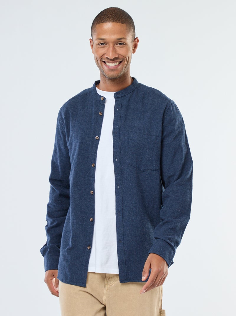 Camisa de franela lisa con cuello mao Azul - Kiabi