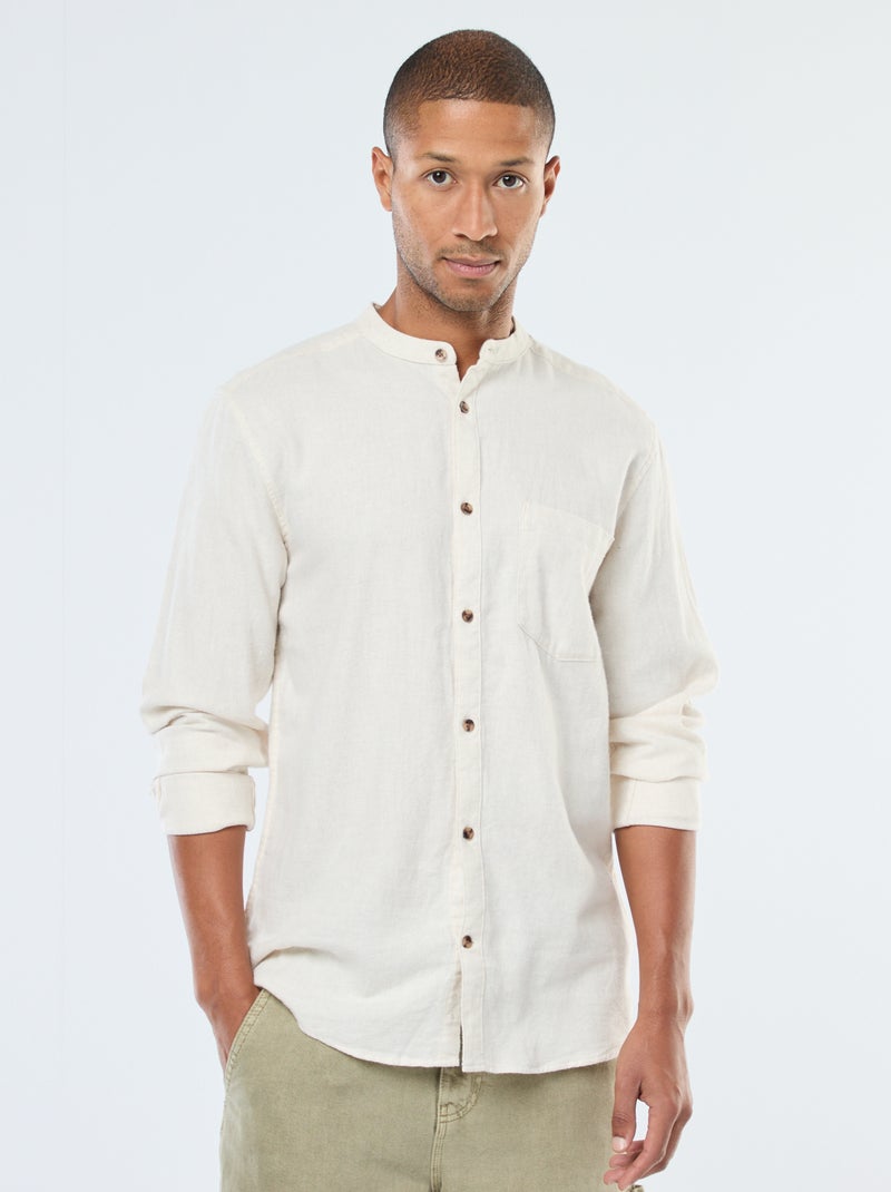 Camisa de franela lisa con cuello mao Beige - Kiabi