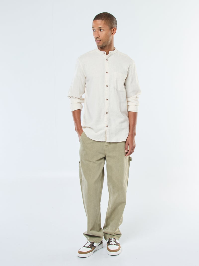 Camisa de franela lisa con cuello mao Beige - Kiabi
