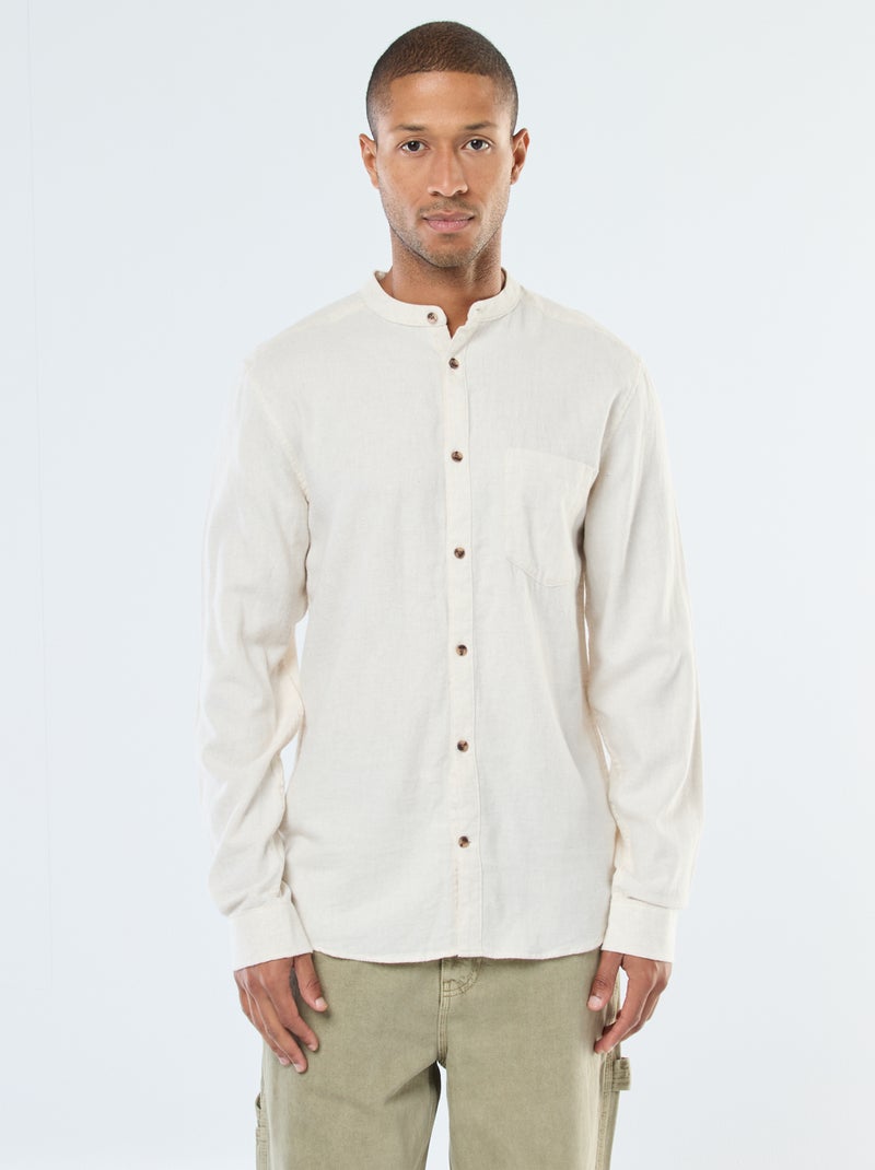Camisa de franela lisa con cuello mao Beige - Kiabi