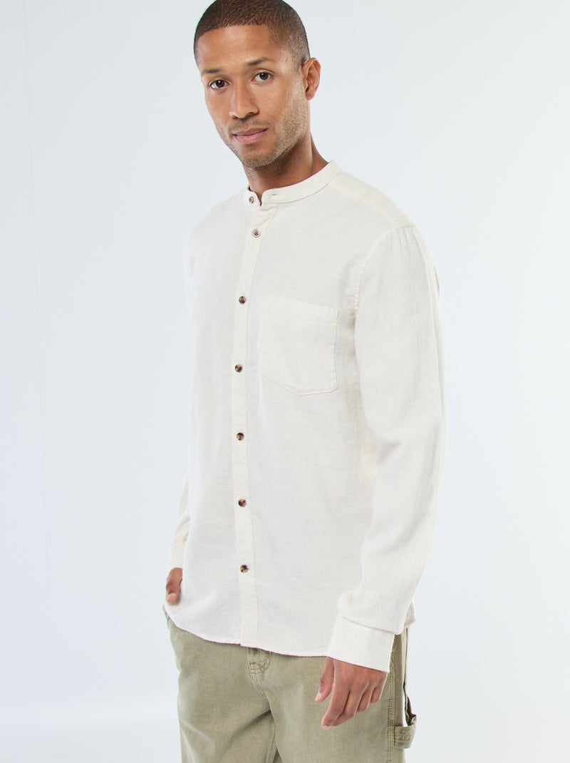Camisa de franela lisa con cuello mao Beige - Kiabi