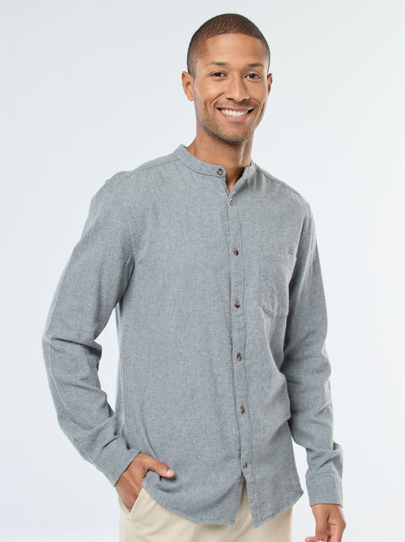 Camisa de franela lisa con cuello mao Gris Hombre Kiabi