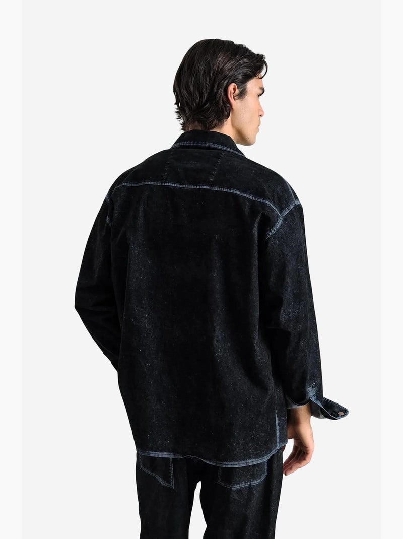 Camisa de gabardina abotonada de manga larga con cuello de chaqueta giesto Negro - Kiabi