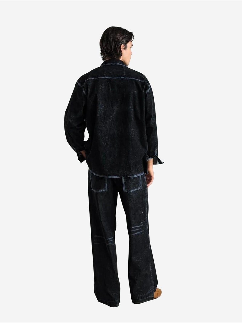 Camisa de gabardina abotonada de manga larga con cuello de chaqueta giesto Negro - Kiabi