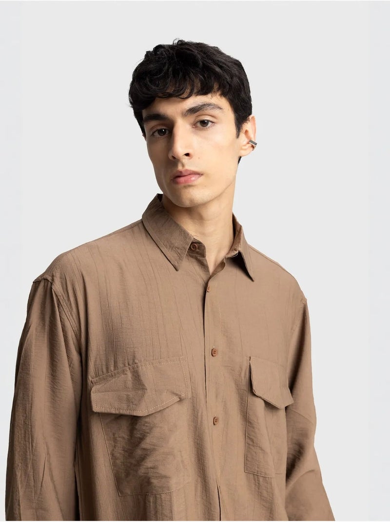 Camisa de gabardina de manga larga con botones y bolsillo giesto Greige - Kiabi