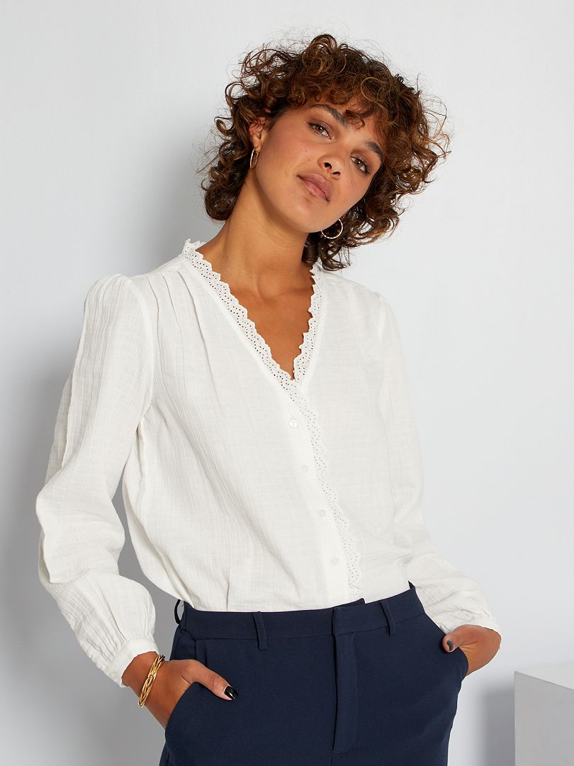 Camisa de gasa de algodón con bordado inglés Blanco - Kiabi