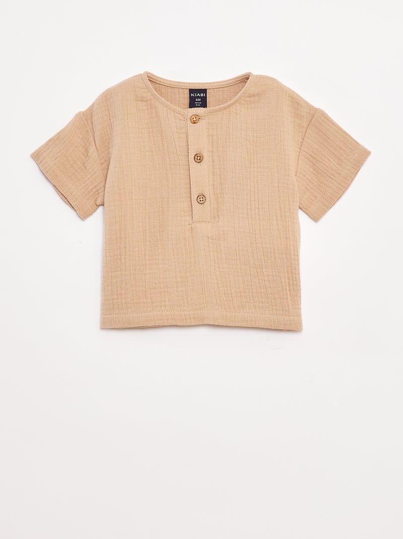 Camisa de gasa de algodón de manga corta Beige - Kiabi