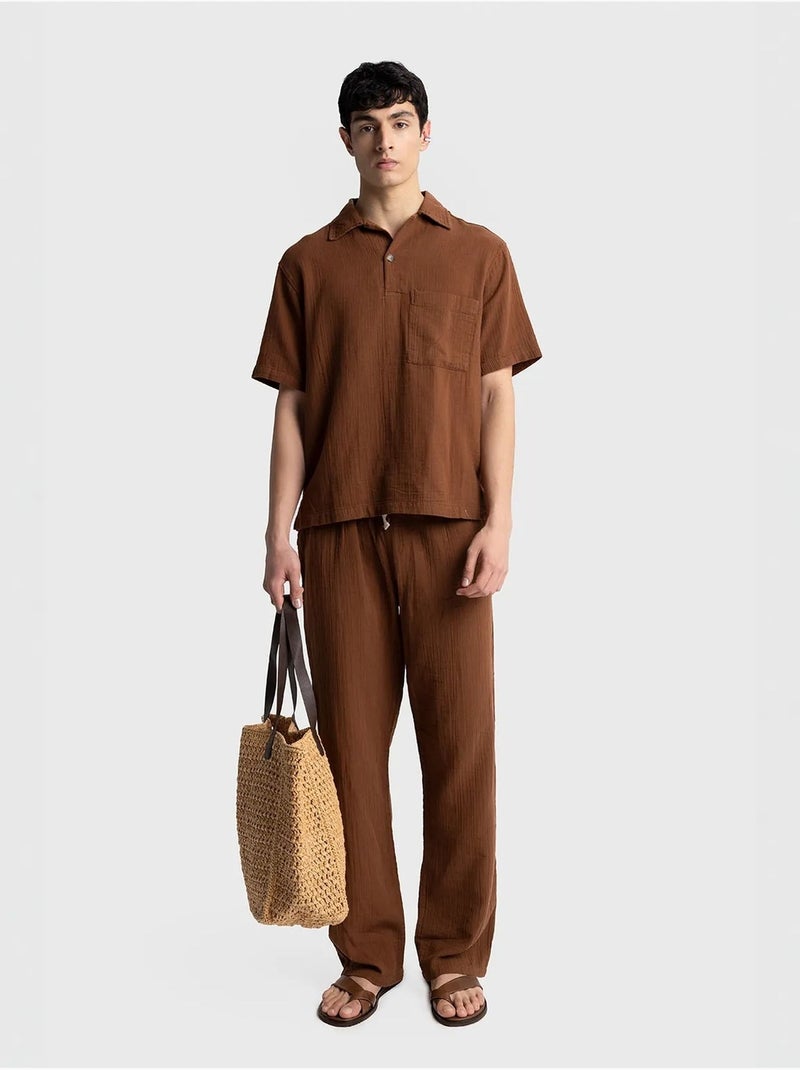 Camisa de hombre de algodón de manga corta de ajuste relajado giesto Marrón - Kiabi