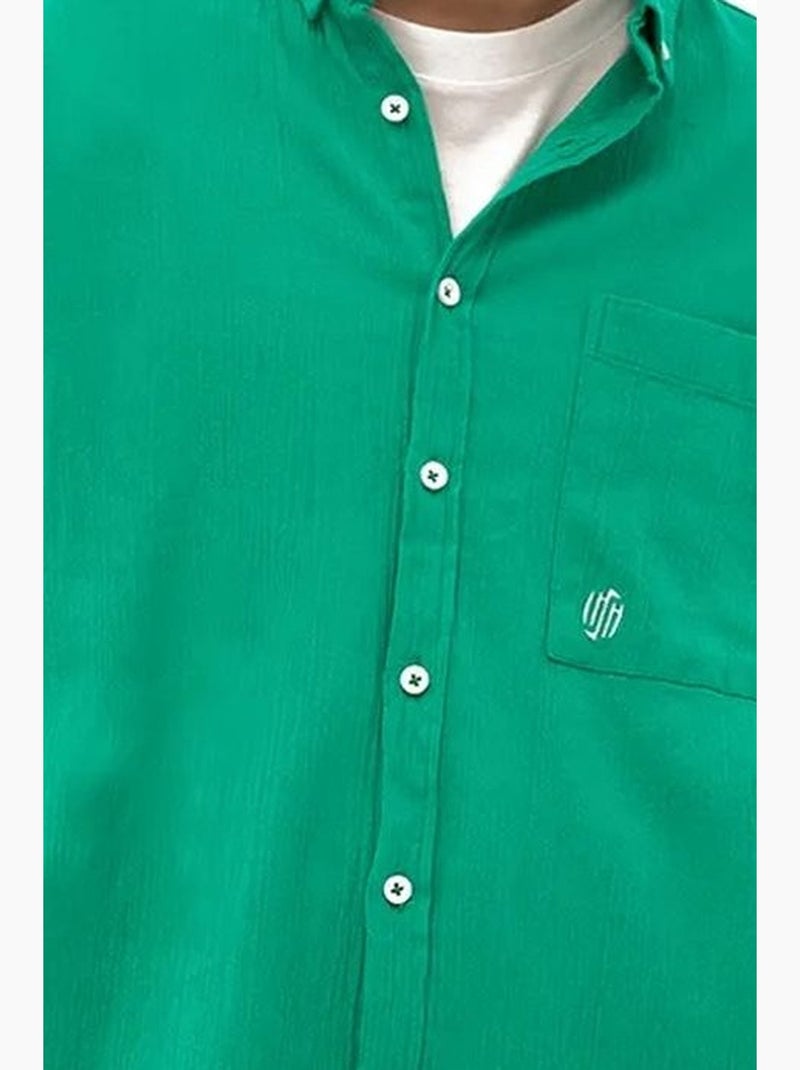 Camisa de hombre de algodón de manga larga con cuello abotonado giesto Verde esmeralda - Kiabi