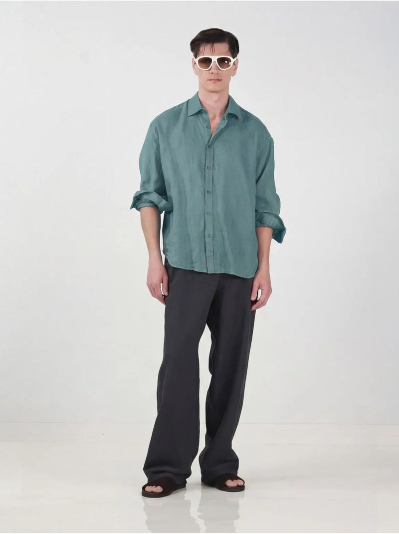 Camisa de hombre de manga larga de mezcla de lino oversize giesto Azul petróleo - Kiabi