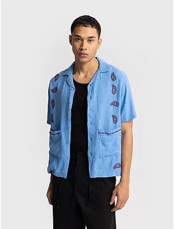 Camisa de hombre de popelín de algodón bordada de manga corta giesto