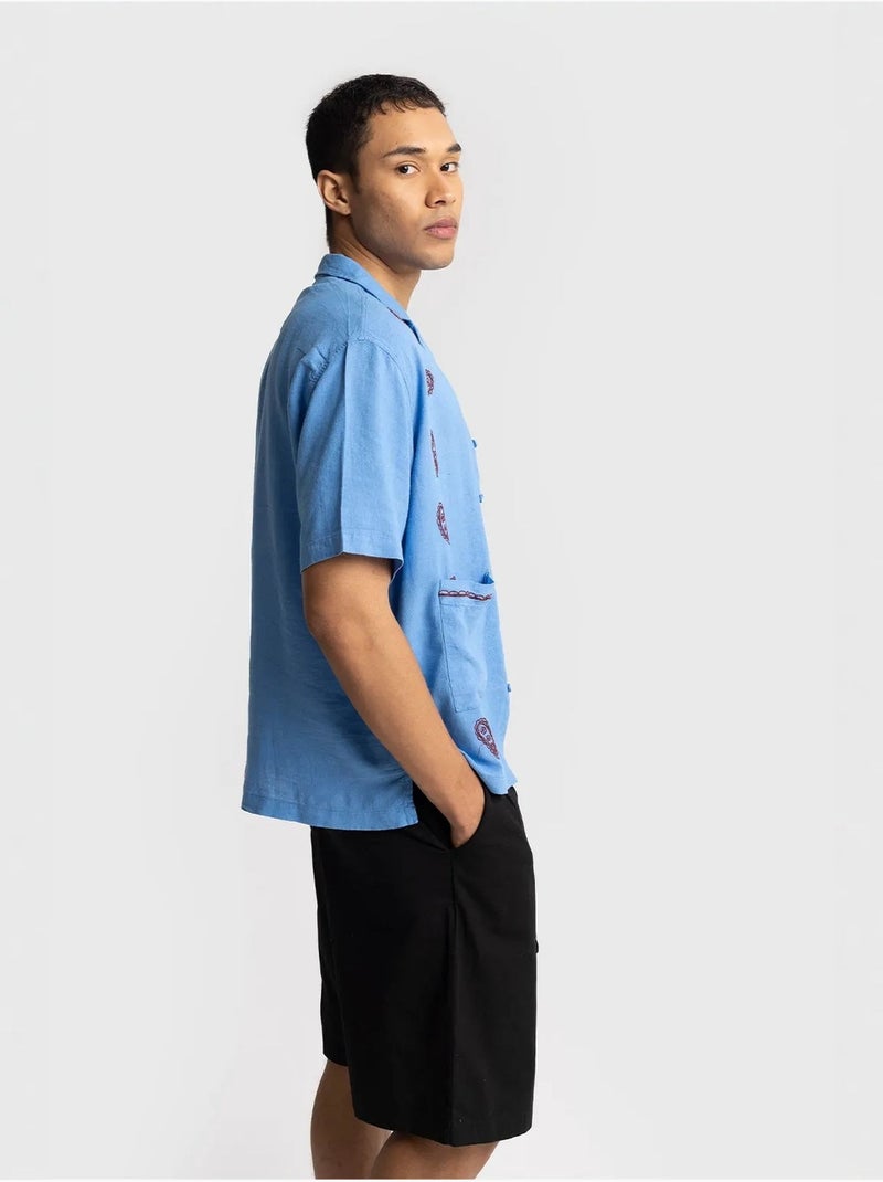 Camisa de hombre de popelín de algodón bordada de manga corta giesto Azul - Kiabi