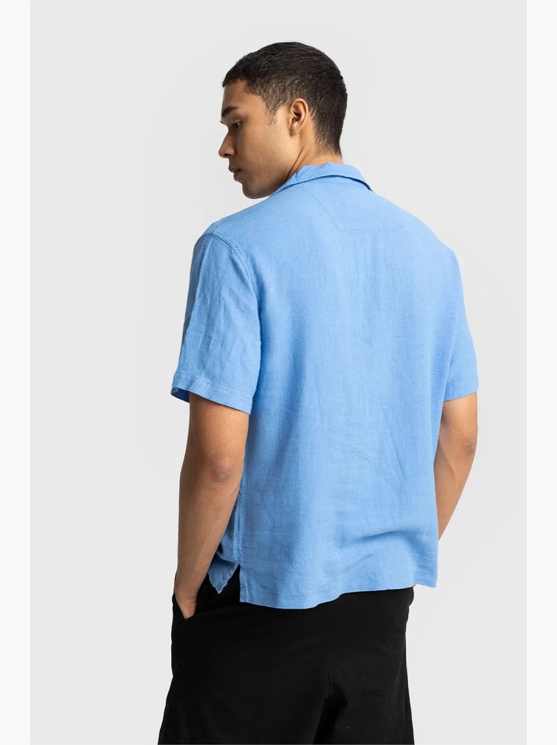 Camisa de hombre de popelín de algodón bordada de manga corta giesto Azul - Kiabi