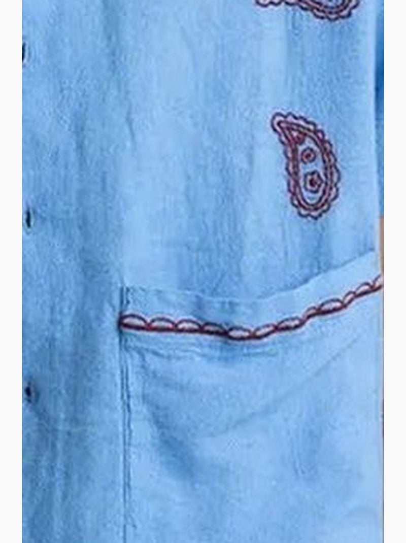 Camisa de hombre de popelín de algodón bordada de manga corta giesto Azul - Kiabi
