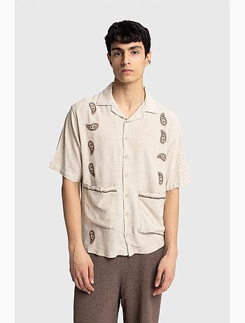 Camisa de hombre de popelín de algodón bordada de manga corta giesto