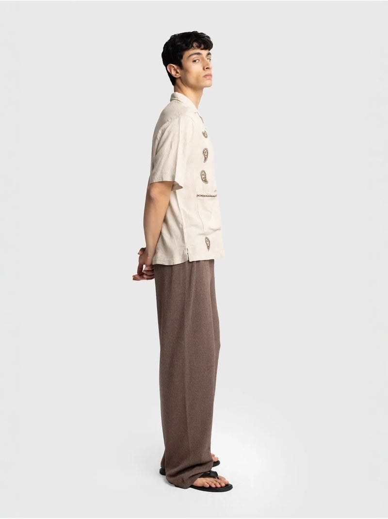 Camisa de hombre de popelín de algodón bordada de manga corta giesto Beige natural - Kiabi