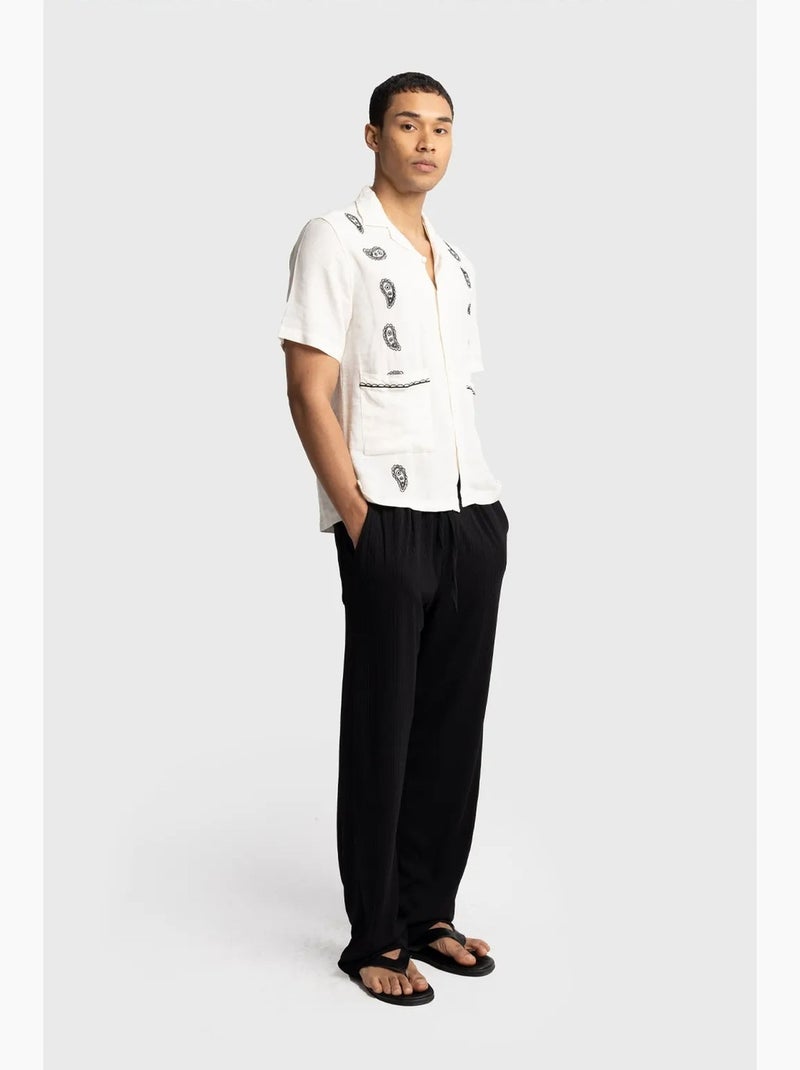 Camisa de hombre de popelín de algodón bordada de manga corta giesto Blanco roto - Kiabi