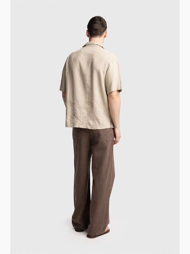 Camisa de lino bordada de manga corta con cuello abierto giesto Beige arcilla - Kiabi