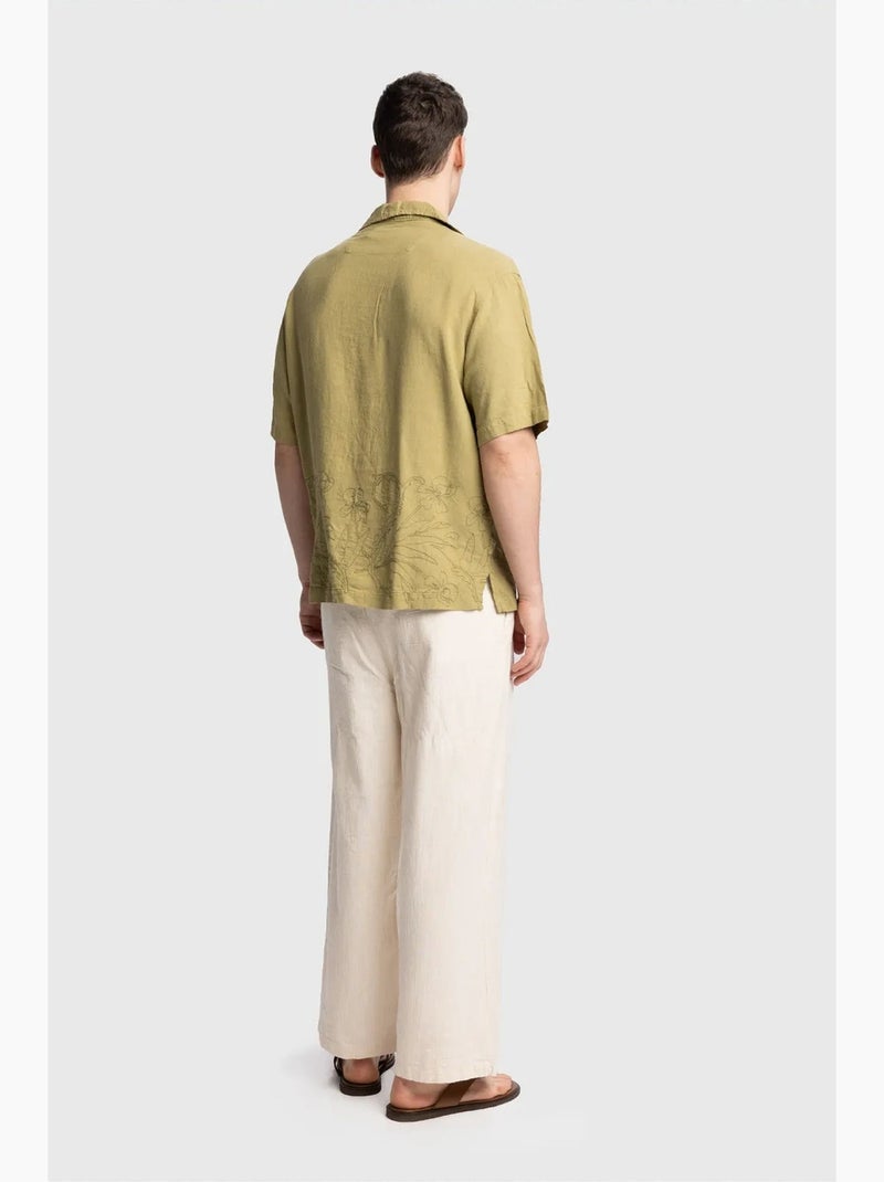 Camisa de lino bordada de manga corta con cuello abierto giesto Caqui - Kiabi