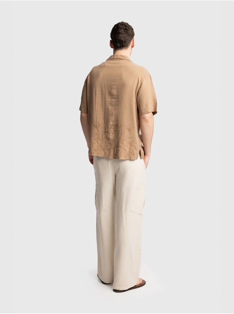 Camisa de lino bordada de manga corta con cuello abierto giesto Greige - Kiabi