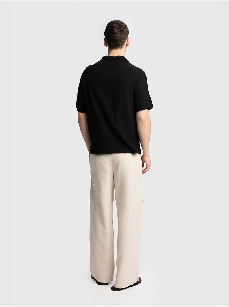 Camisa de lino bordada de manga corta con cuello abierto giesto Negro - Kiabi