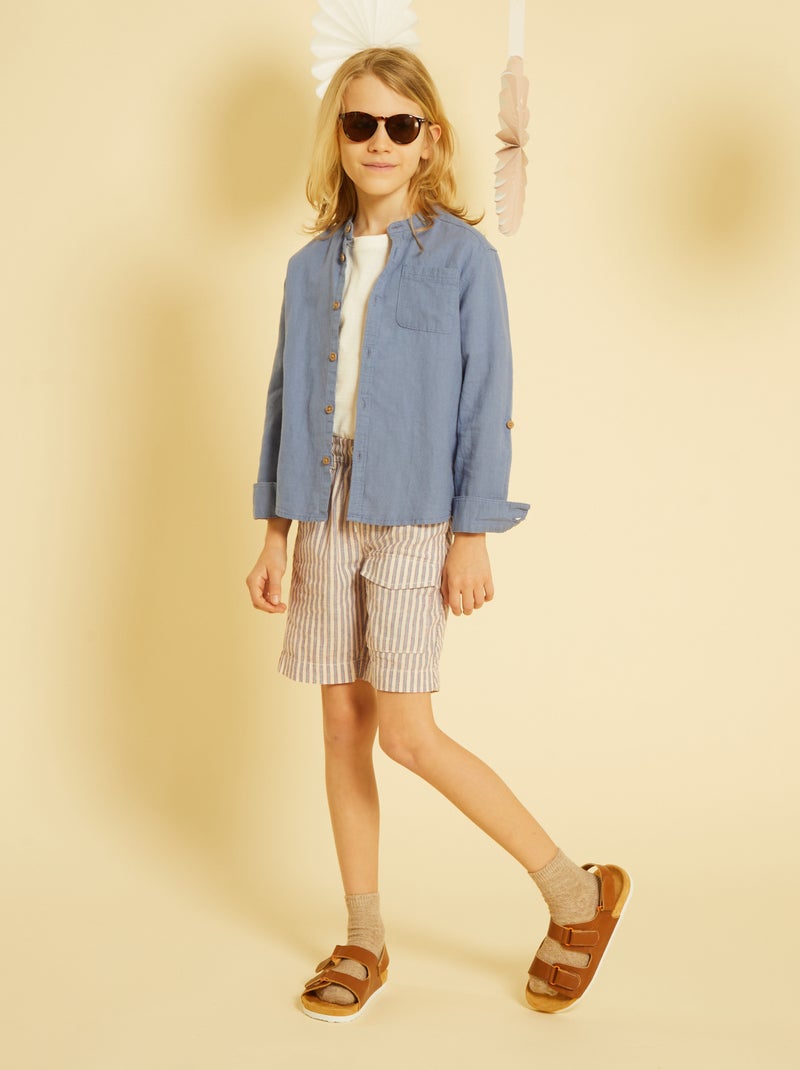 Camisa de lino con cuello mao azul gris - Kiabi