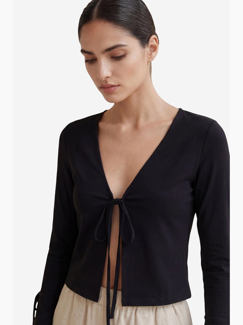 Camisa de lino corta con cuello en v y detalle de lazo de my fashion Negro - Kiabi