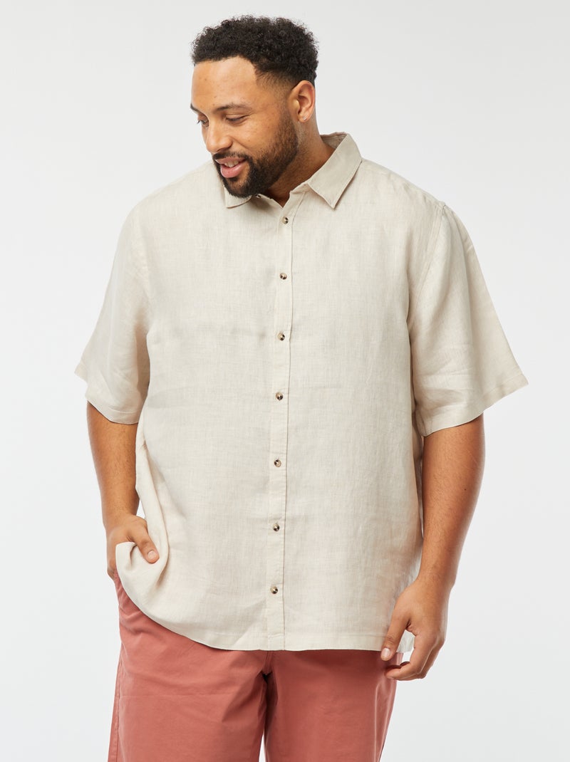 Camisa de lino de manga corta beige - Kiabi