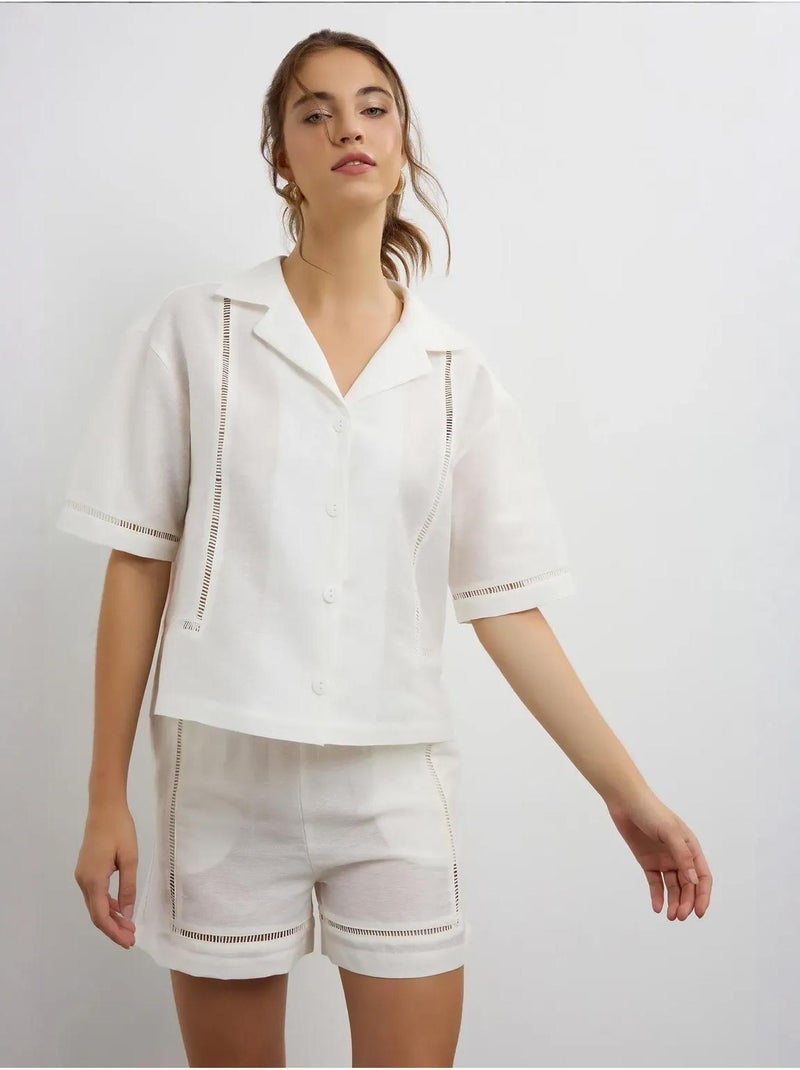Camisa de lino de manga corta con detalle de abertura hiccup Beige natural - Kiabi