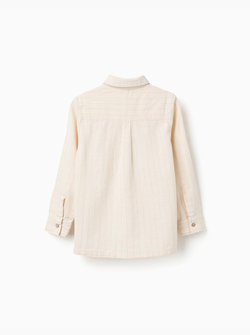 Camisa de lino de manga larga a rayas Beige - Kiabi