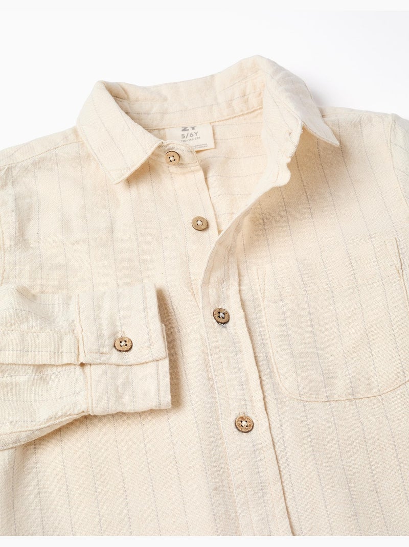 Camisa de lino de manga larga a rayas Beige - Kiabi
