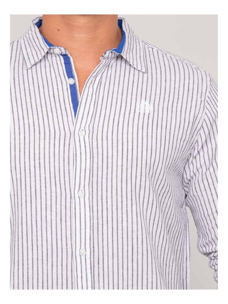 Camisa de lino de manga larga a rayas DUPLAYA Azul marino - Kiabi