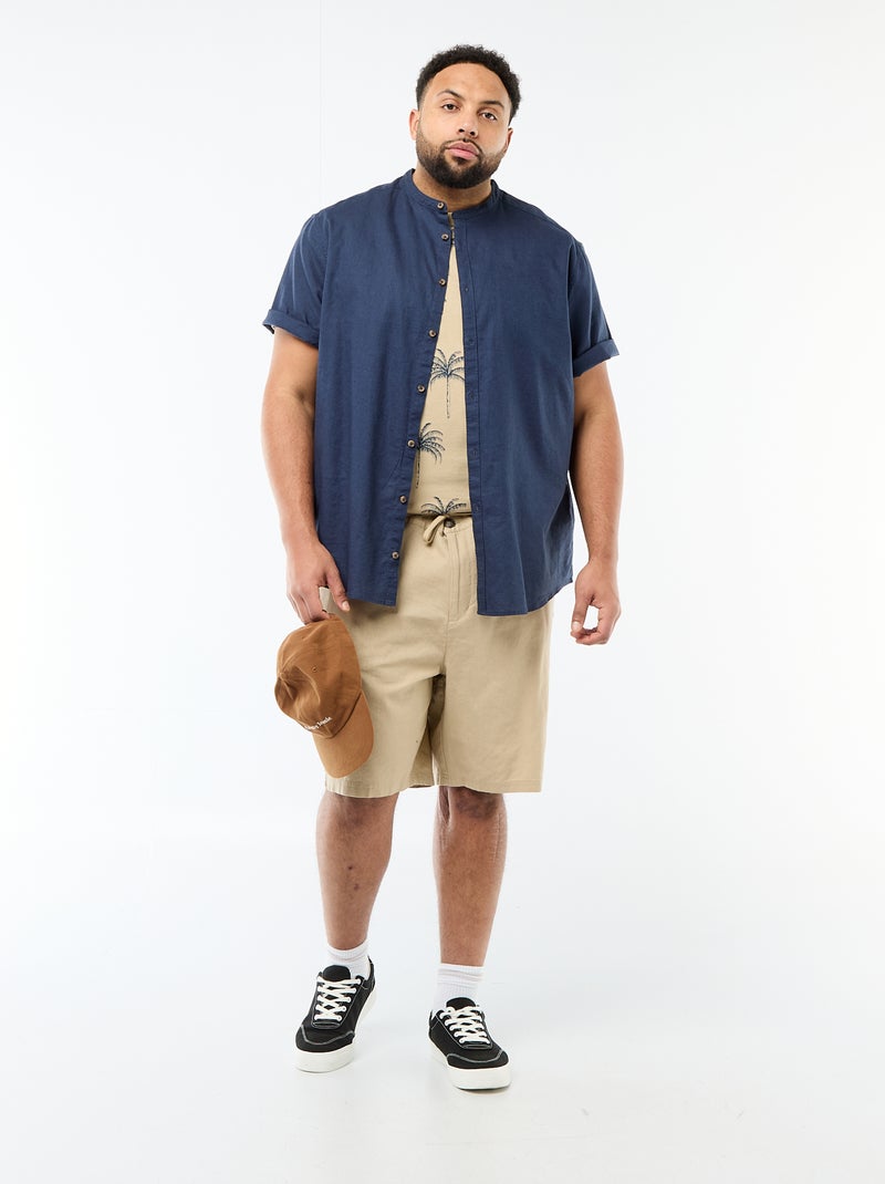 Camisa de lino mezclado de manga corta Azul - Kiabi