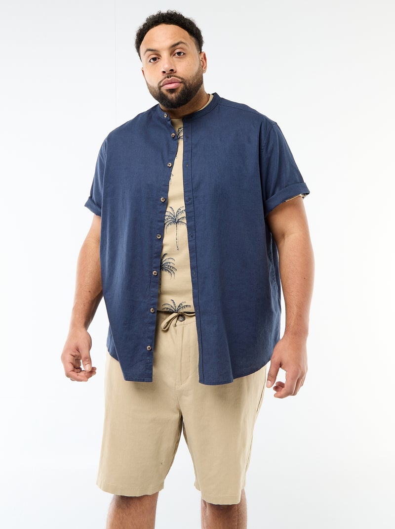 Camisa de lino mezclado de manga corta Azul - Kiabi