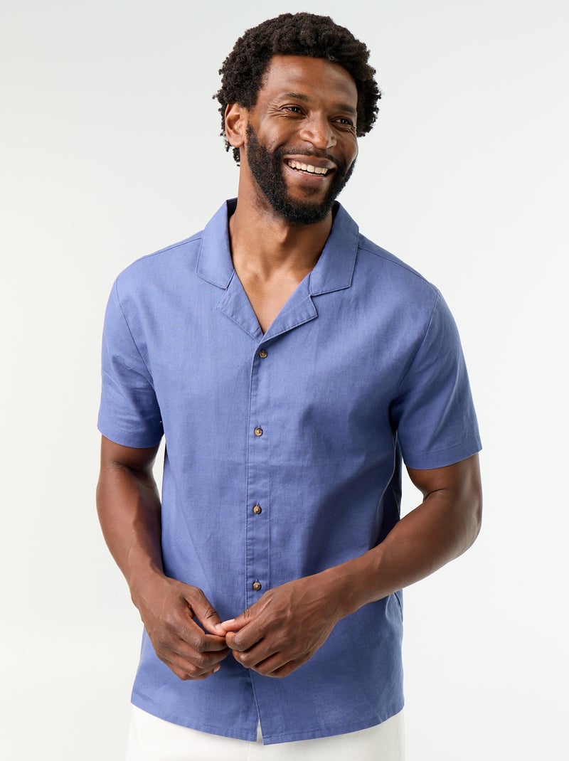 Camisa de lino mezclado de manga corta Azul - Kiabi
