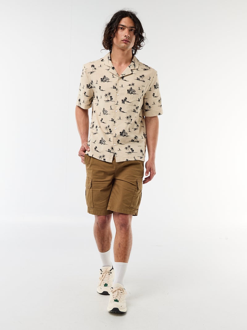 Camisa de lino mezclado de manga corta Beige - Kiabi