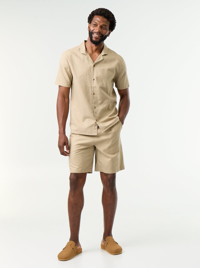 Camisa de lino mezclado de manga corta Beige - Kiabi