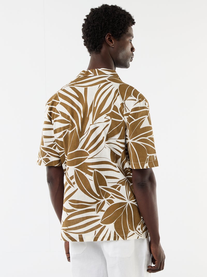 Camisa de lino mezclado de manga corta Kaki - Kiabi