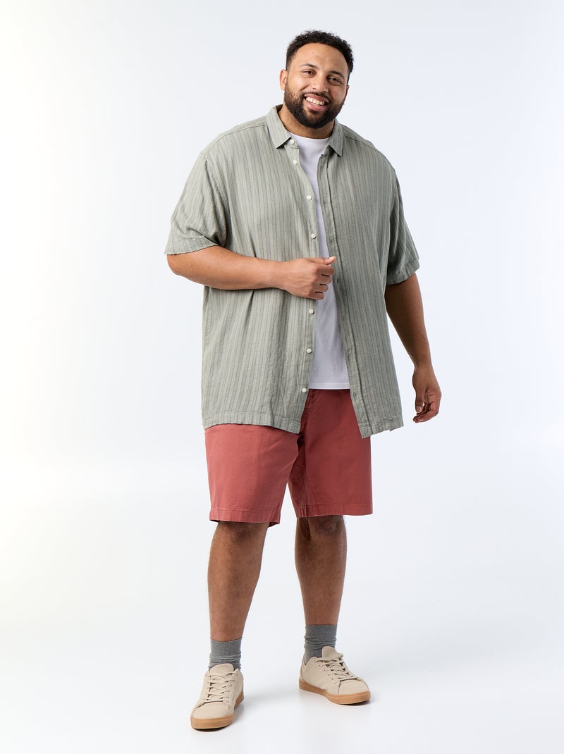 Camisa de lino mezclado de manga corta Kaki - Kiabi