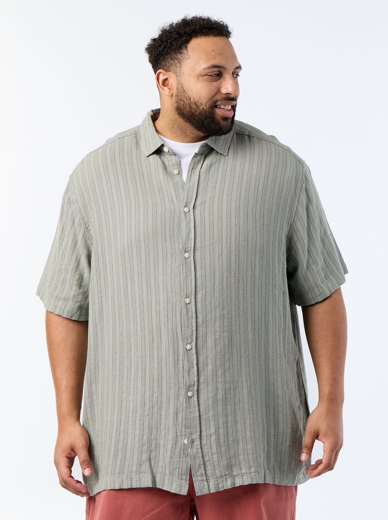 Camisa de lino mezclado de manga corta Kaki - Kiabi