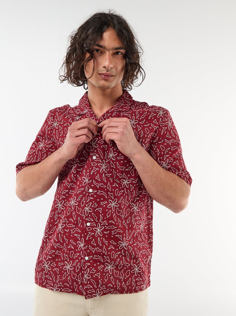 Camisa de lino mezclado de manga corta Rojo - Kiabi