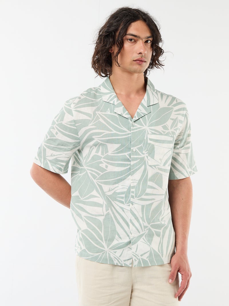 Camisa de lino mezclado de manga corta Verde - Kiabi