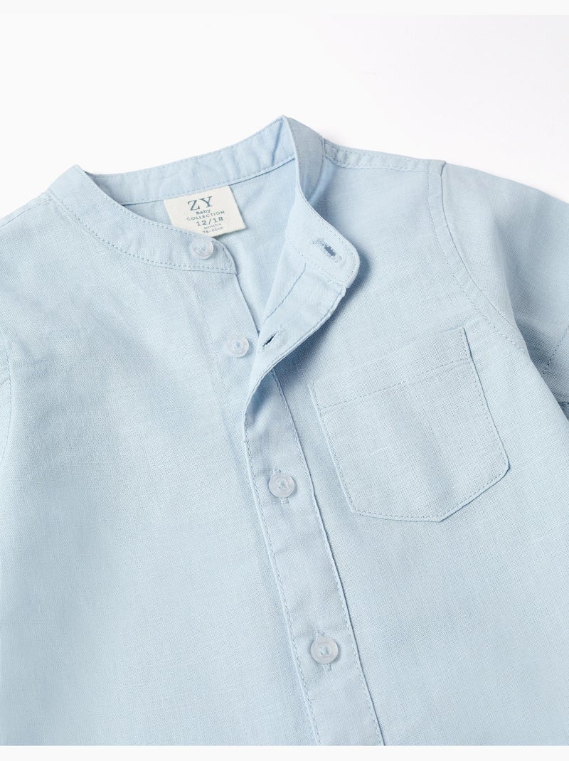 Camisa de lino y algodón de manga corta con bolsillo Azul claro - Kiabi