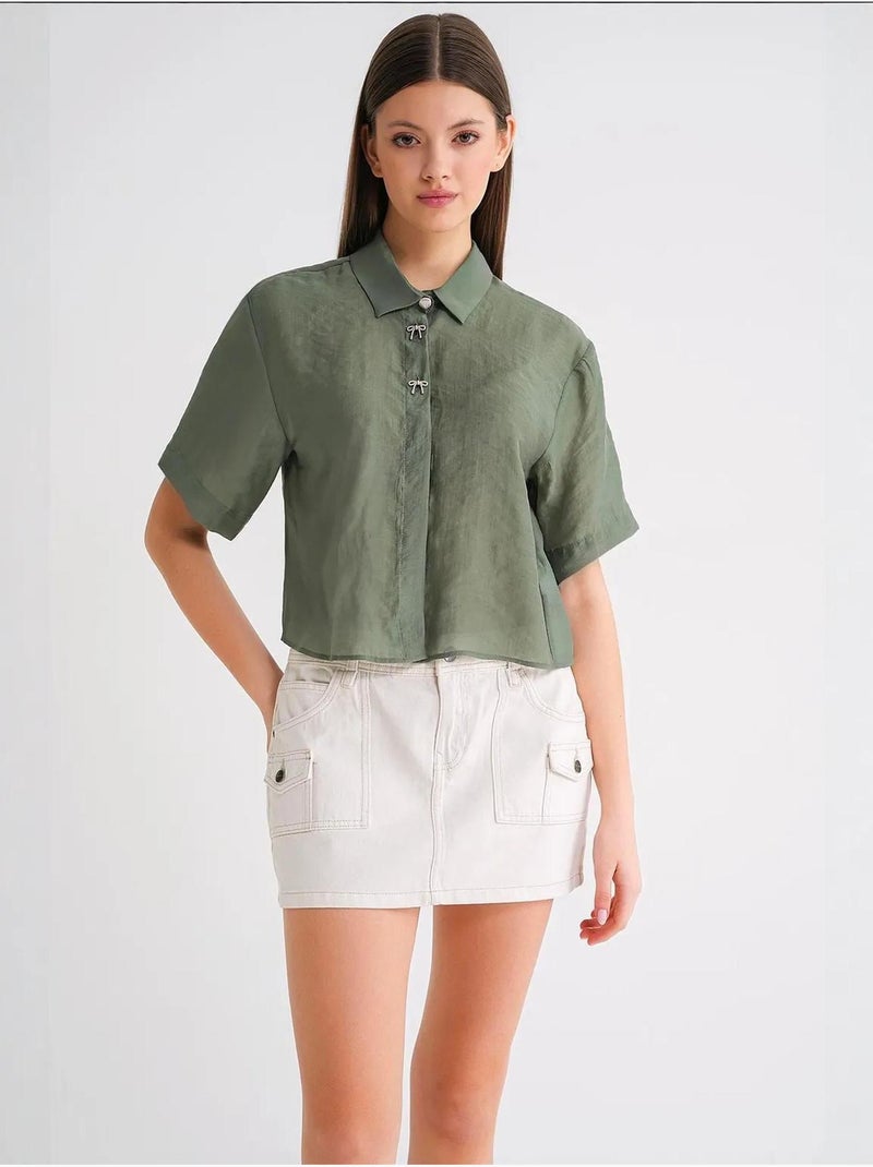 Camisa de manga corta abotonada con accesorio de piedra mixray Caqui - Kiabi