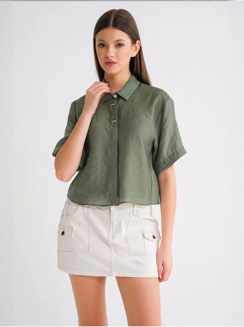 Camisa de manga corta abotonada con accesorio de piedra mixray Caqui - Kiabi
